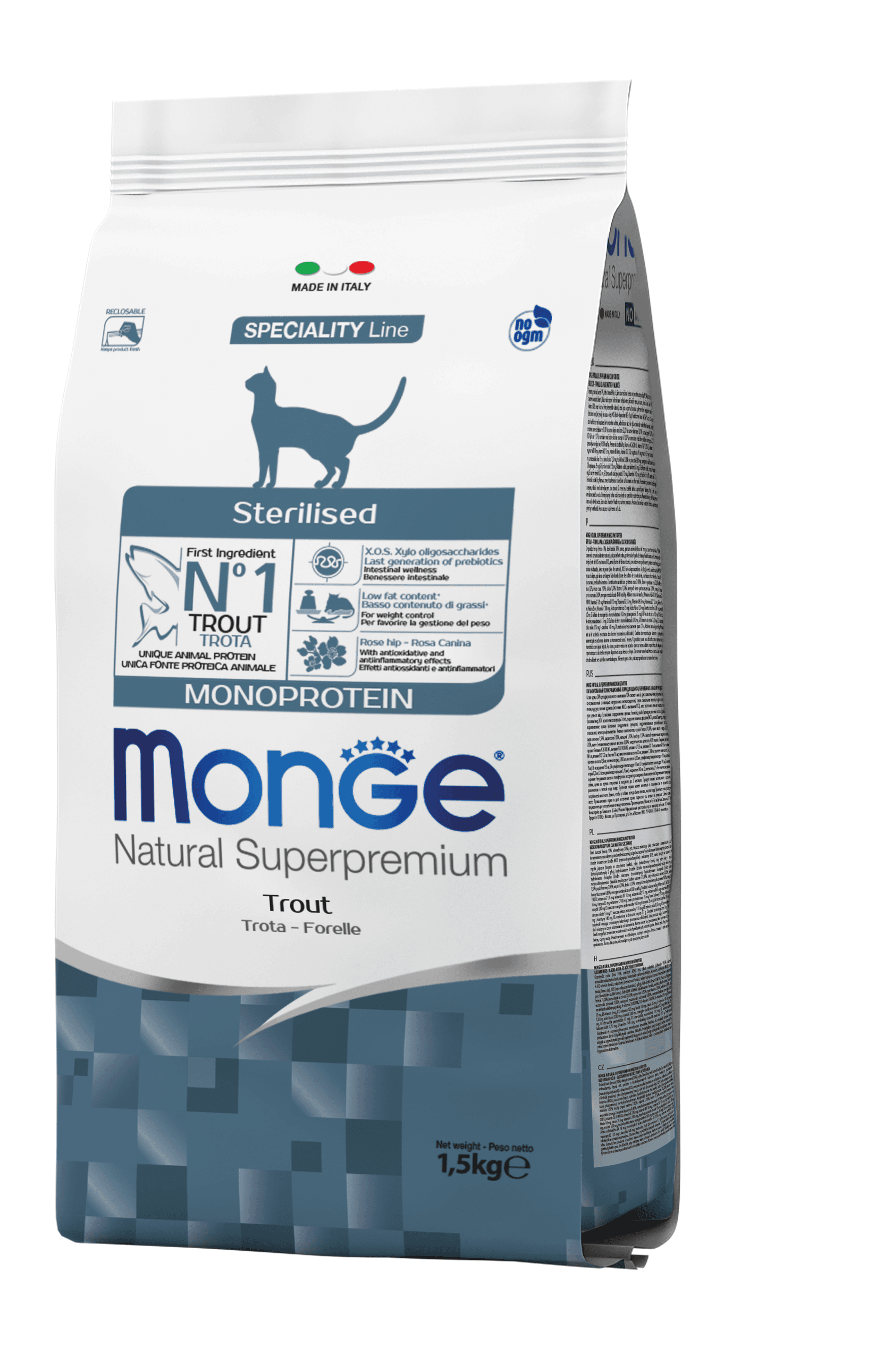 MONGE Suva hrana za sterilisane mačke sa ukusom pastrmke Adult Monoprotein 1.5 kg