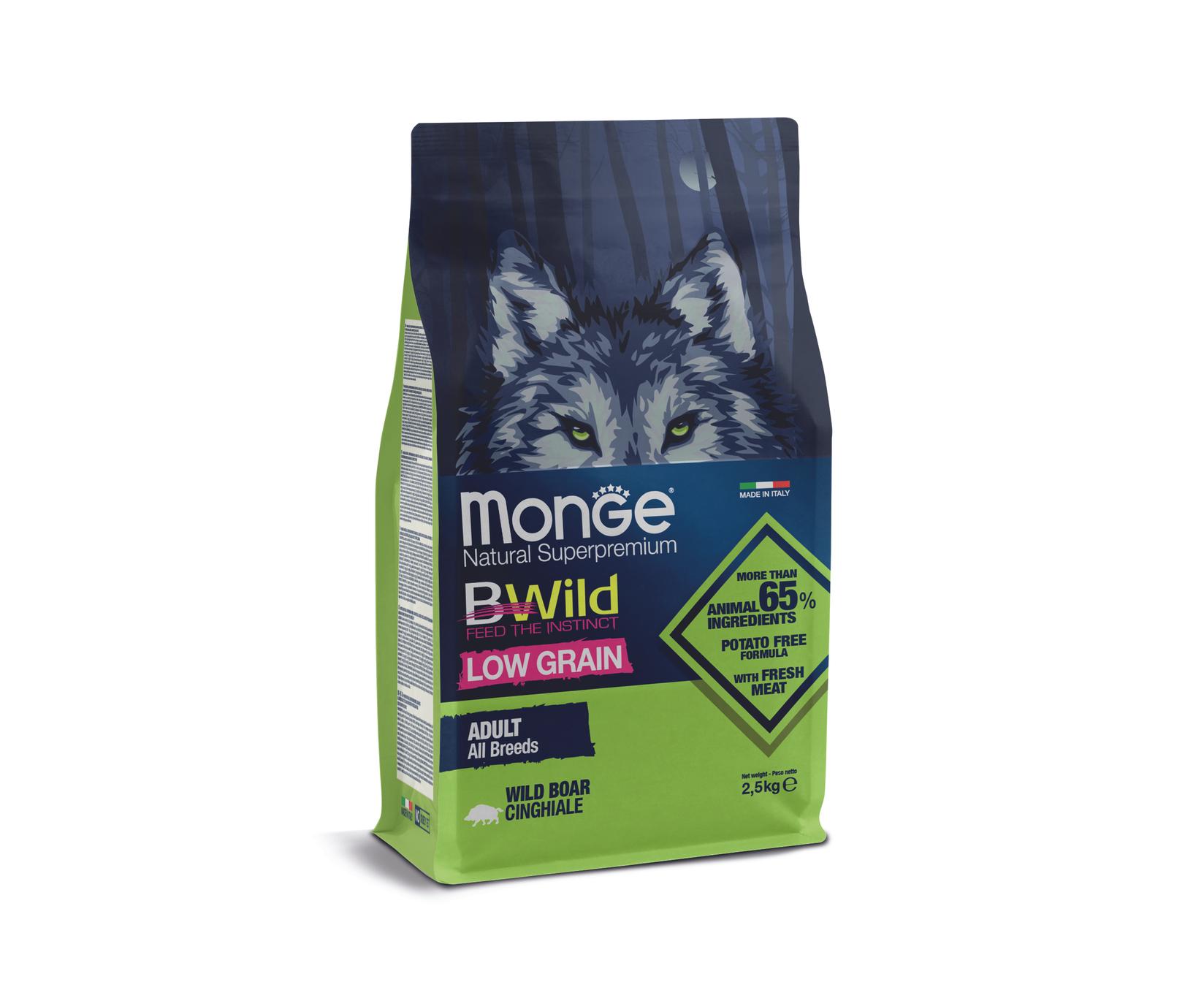 MONGE Suva hrana za pse Bwild Adult Dog All Breeds Low Grain Wild Boar 2.5kg
