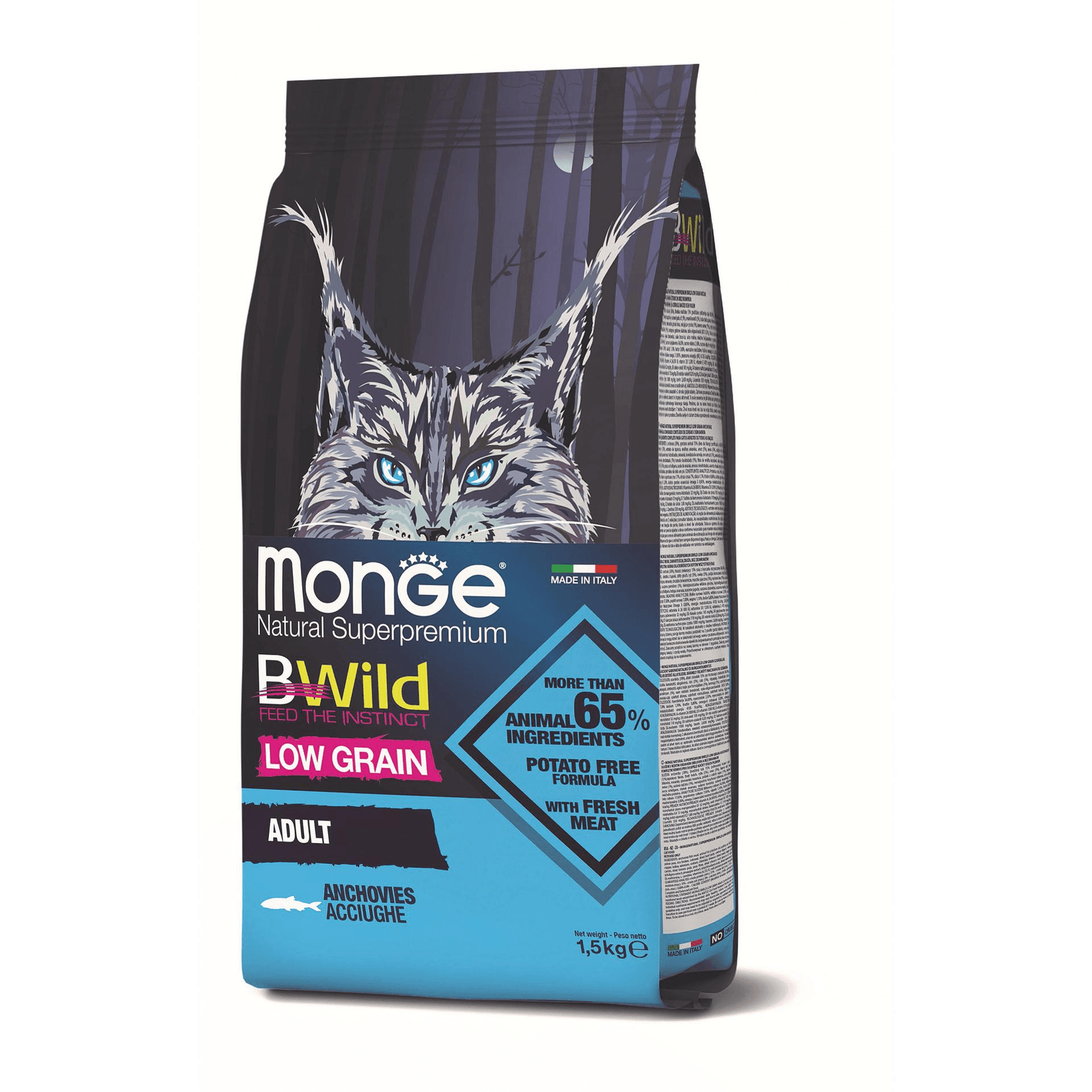 MONGE Suva hrana za mačke sa ukusom inćuna BWild Low Grain Adult 1.5 kg
