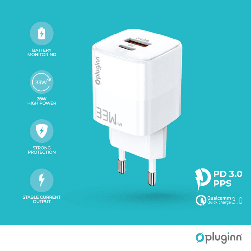 PLUGINN PI-D73-33w Kućni punjač QC3.0 PD3.0, PPS, USB-PD, 20W+33W, 53W, Sa PD iPhone lightning kablom, Beli