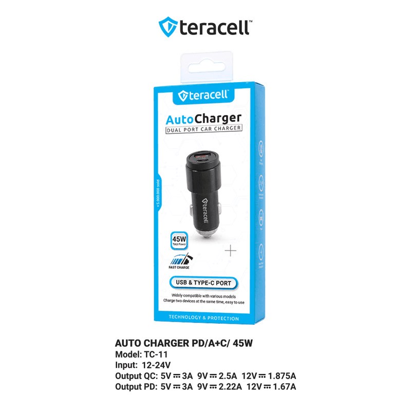 Selected image for TERACELL Evolution TC-11 Auto-punjač PD, 22.5W, USB, QC3.0, 20W, 45W, Crni