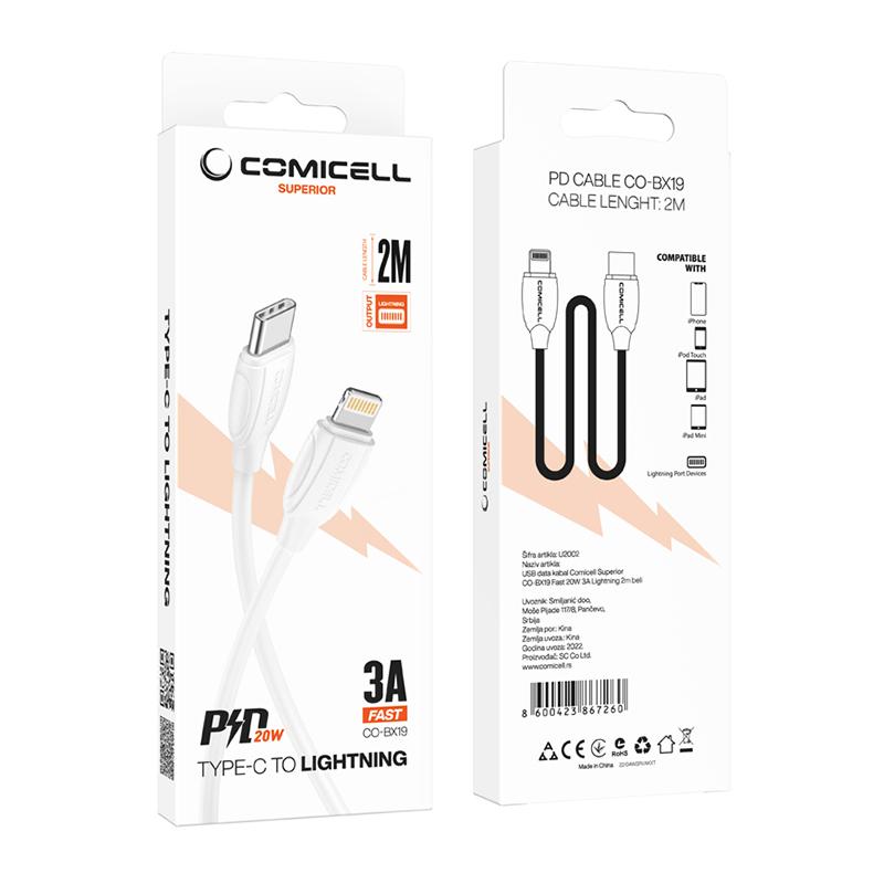 Selected image for COMICELL USB data kabl Superior CO-BX19 Fast 20W 3A Type C na Lightning 2m beli