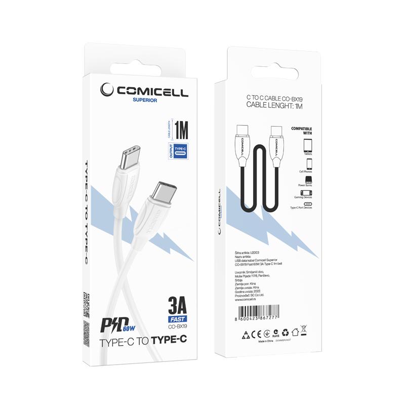 Selected image for COMICELL USB data kabl Superior CO-BX19 Fast 60W 3A Type C na Type C 1m beli