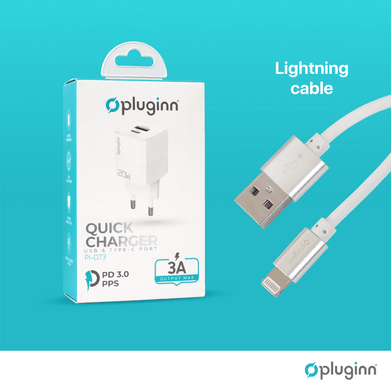 PLUGINN Kućni punjač PI-D73, QC3.0 PD3.0, PPS, USB-PD 18W+20W, 38W (total) sa PD iPhone Lightning kablom, Beli