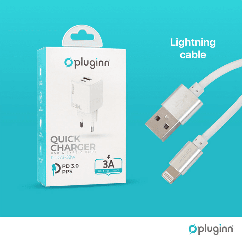 PLUGINN Kućni punjač PI-D73-33w, QC3.0 PD3.0, PPS, USB-PD 20W+33W, 53W (total) sa PD iPhone Lightning kablom, Beli