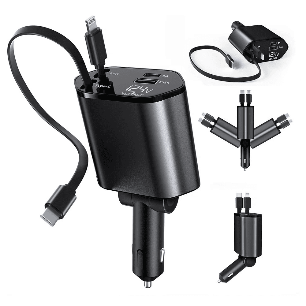 Auto punjač C1, 4u1 PD 3A, USB 2.4A, 120W, Sa Type-C lightning kablom, Tamnosivi