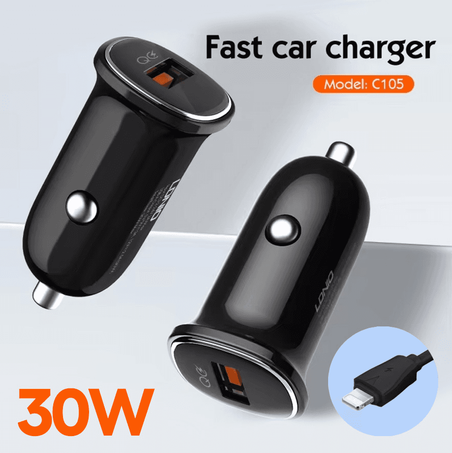 Auto punjač LDNIO C105, QC3.0, 30W USB Lightning, Crni