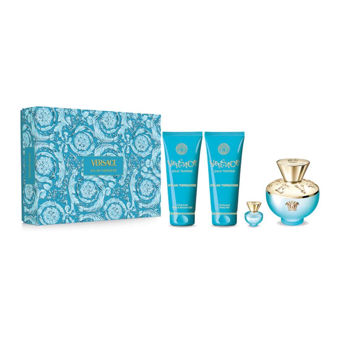 Versace Ženski poklon set Dylan Turquoise, EDT, 100 ml + Gel za tuširanje, 100 ml + Losion za telo, 100 ml + Mini, 5 ml