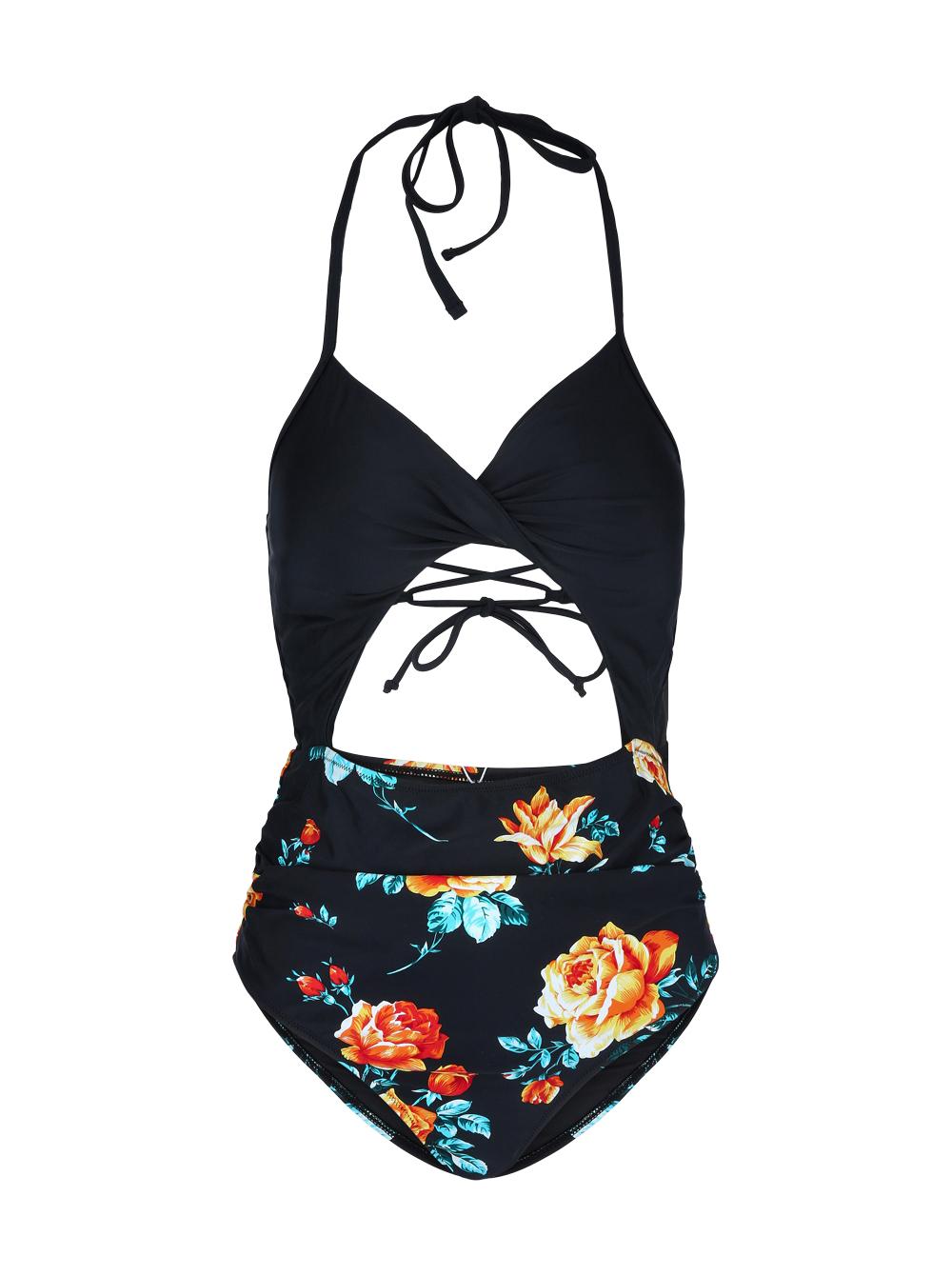 Cupshe J34 Ženski kupaći kostim, Jednodelni, Crno-cvetni