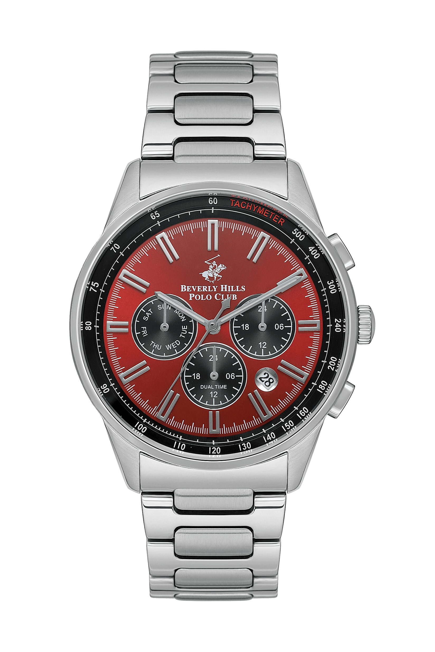 BEVERLY HILLS POLO CLUB Muški ručni sat, Kvarcni mehanizam, 43mm, Crveno kućište, Srebrne boje, BP3551X.380