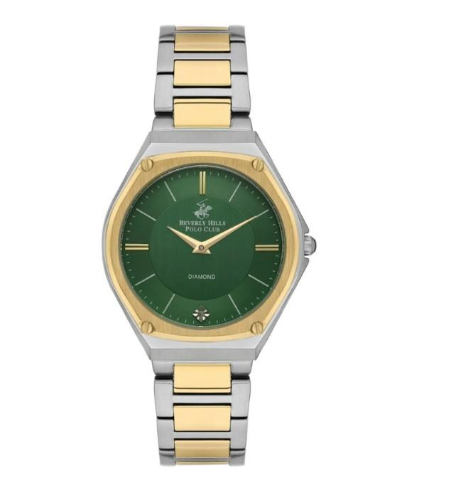 BEVERLY HILLS POLO CLUB Ženski ručni sat, Kvarcni mehanizam, 35mm, Zeleno kućište, Zlatne boje, BP3560X.270