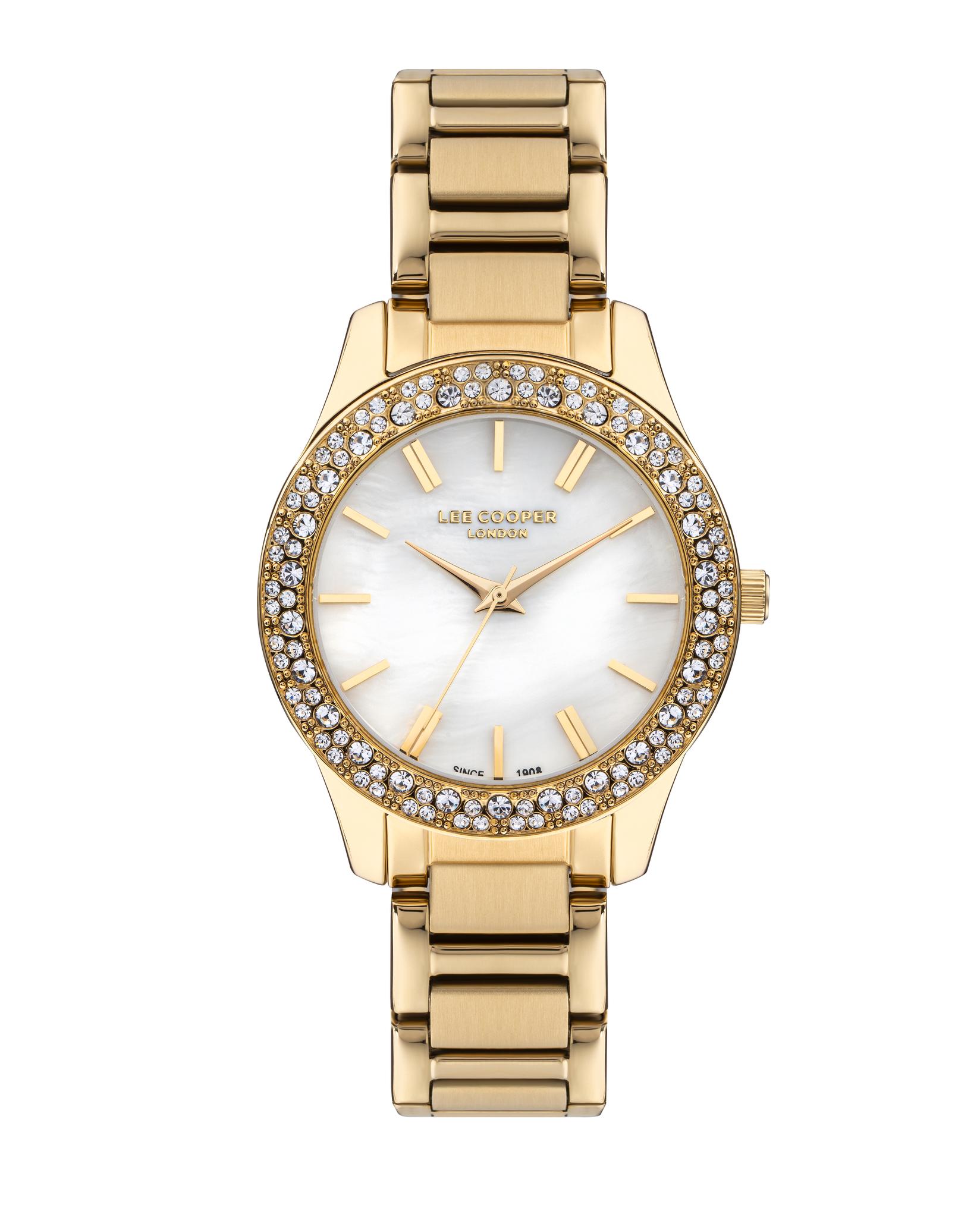 LEE COOPER Ženski ručni sat, Kvarcni mehanizam, 35mm, Sedefasto kućište, Zlatne boje, LC07869.120
