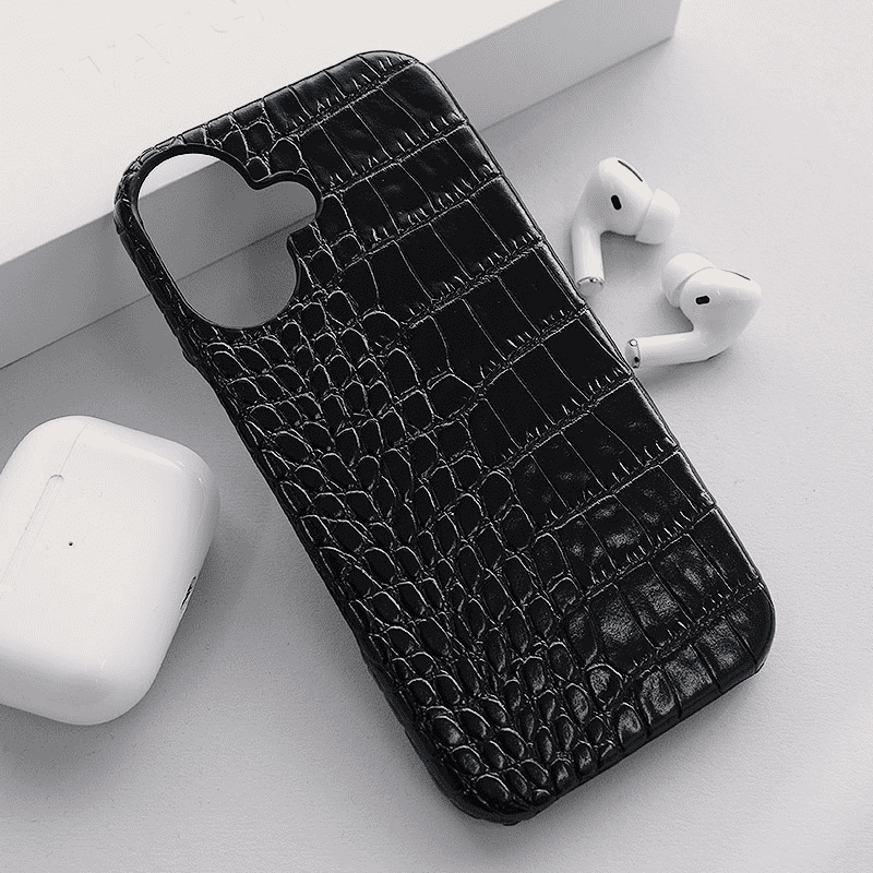 Maska za telefon Croco Leather za iPhone 16, Crna