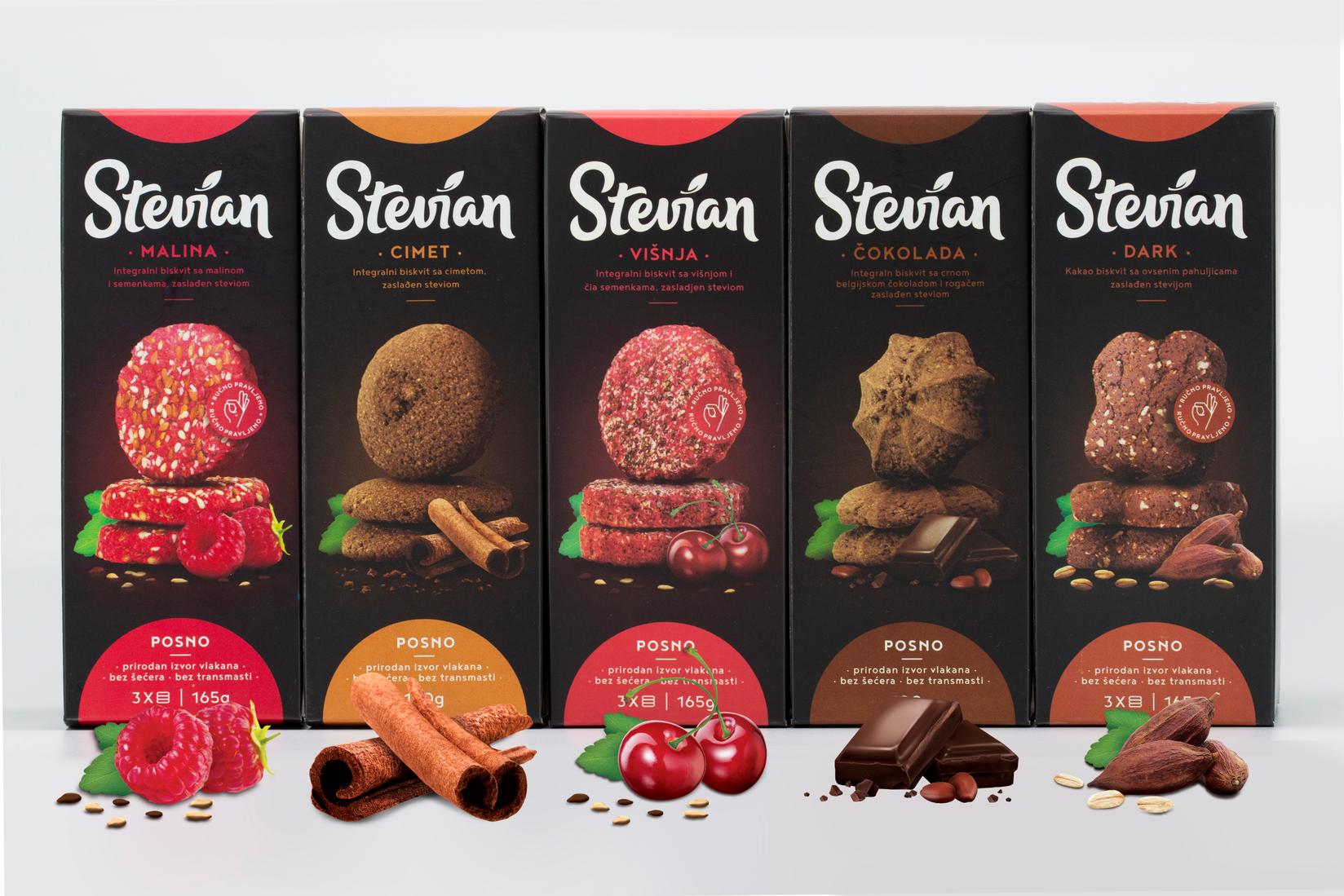 Stevian Integralni keks, Miks od 5 kutija, Stevian dark, Stevian malina, Stevian višnja, Stevian cimet, Stevian čokolada