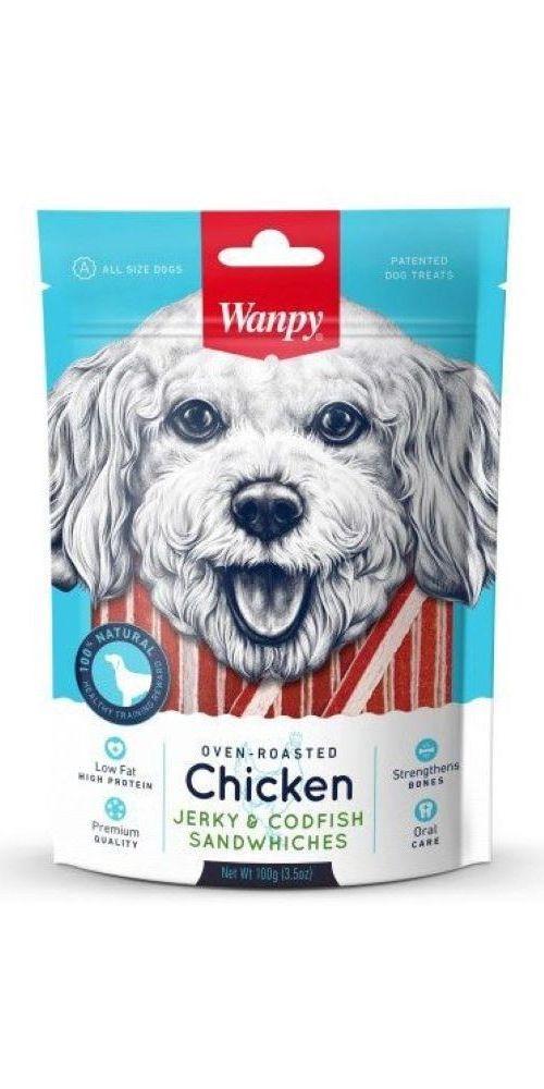 Wanpy Poslastica za pse, Piletina Jerky & bakalar Sandwiches, 100g