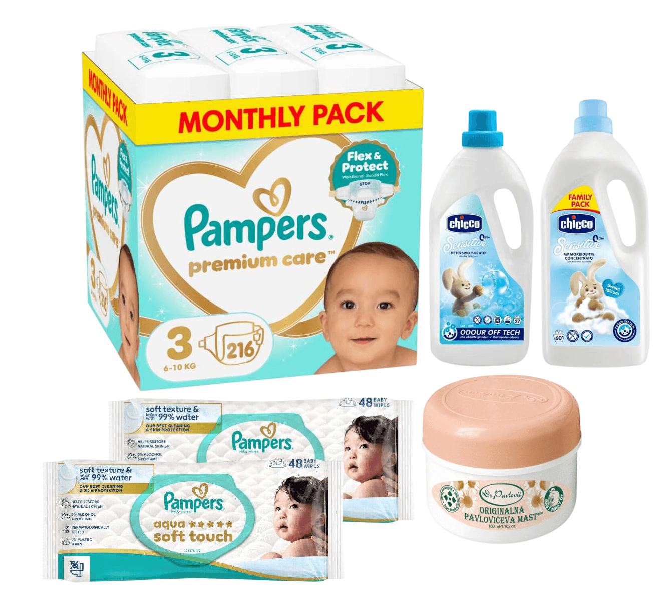 Pampers Pelene Premium Care 3, Monthly, 6-10 kg, 216/1, Chicco sta za prajne veša Sensitive, Pavlovićeva mast, Pampers Vlažne maramice Aqua Soft Touch