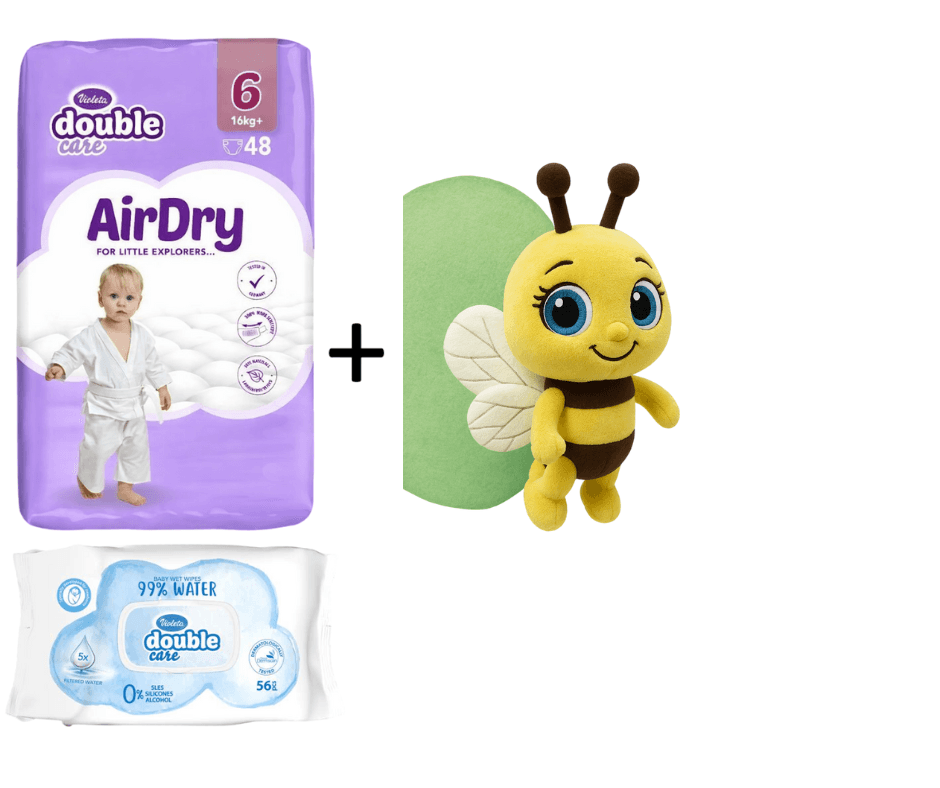 Violeta DC Pelene Air Dry 6, 16+kg, 48/1, Violeta Vlažne maramice Water Care, 56/1, Plišana igračka pčelica