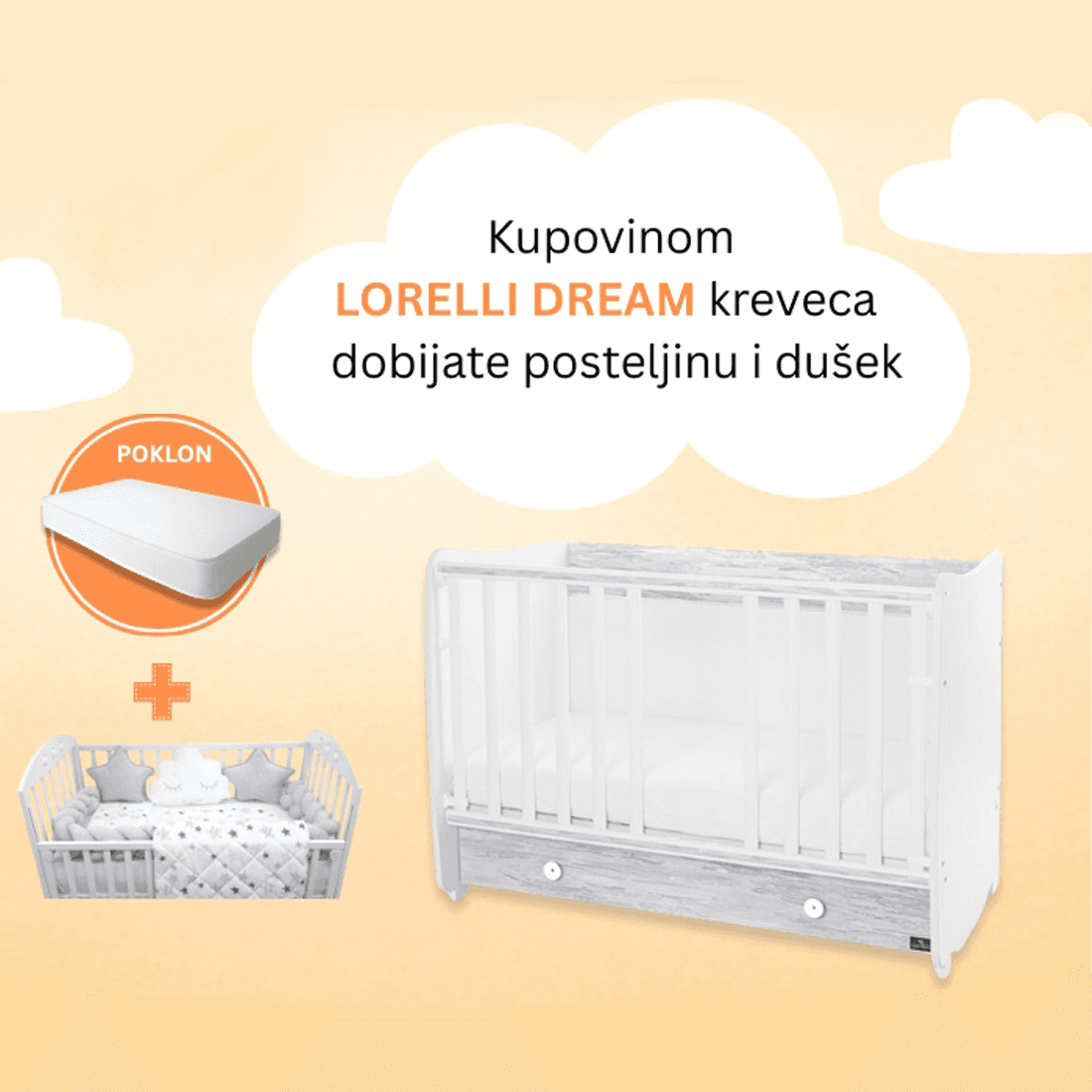 Lorelli Drveni krevetić Dream sa posteljinom i dušekom, Sivi