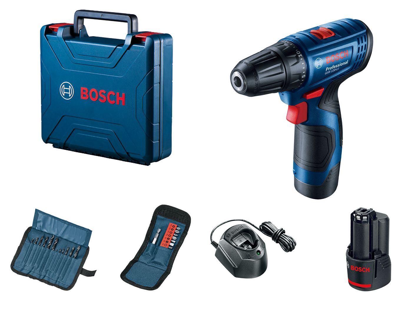 BOSCH Aku bušilica odvrtač GSR 120-Li 2x2,0Ah + 23-delni set bitova za bušenje i uvrtanje sa držačem u koferu 06019G8002