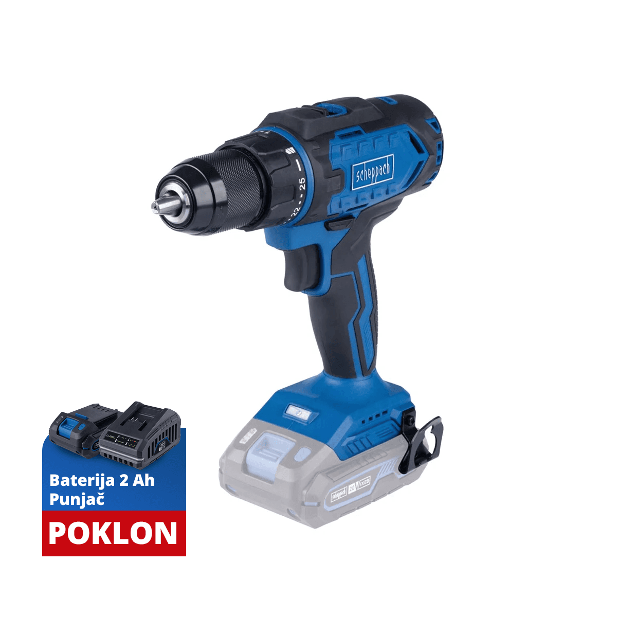 Scheppach Akumulatorska bušilica-odvijač C-DD45-KS, 20 V, 45 Nm, 1.5-13 mm + Baterija 2.0 Ah i punjač 2.4 A