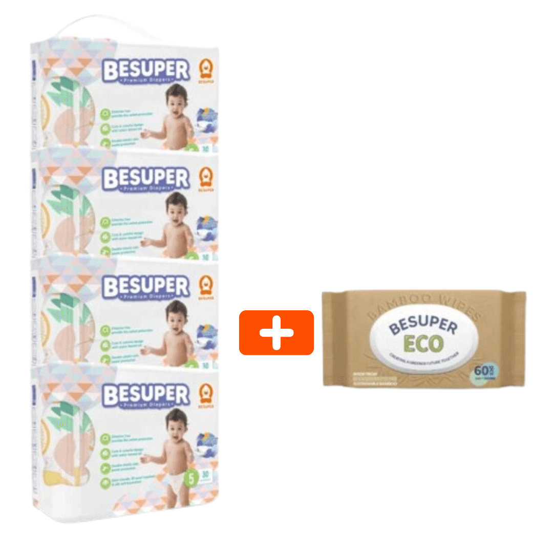 BeSuper Premium Pelene, Veličina 5 (12+ kg), 4x30 komada + Vlažne maramice, 1x60 komada