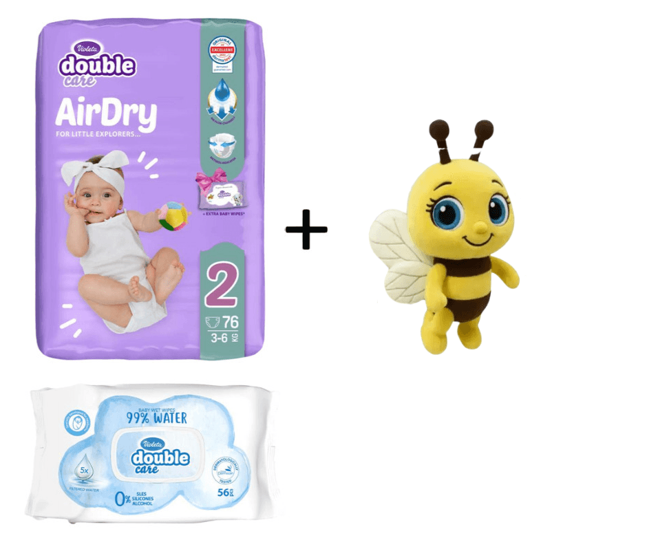 Violeta DC Pelene Air Dry 2, 3-6 kg, 76/1, Violeta Vlažne maramice, Water Care 56/1 + Plišana igračka pčelica gratis