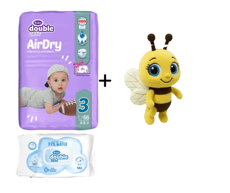Violeta DC Pelene Air Dry 3, 4-9 kg, 66/1, Violeta Vlažne maramice Water Care, 56/1 + Plišana igračka pčelica gratis