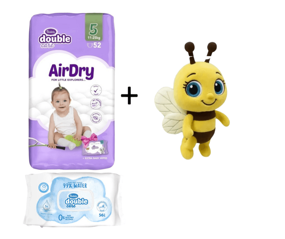 Violeta DC Pelene Air Dry 5, 11-25 kg, 52/1, Violeta Vlažne maramice Water Care, 56/1 + Plišana igračka pčelica gratis