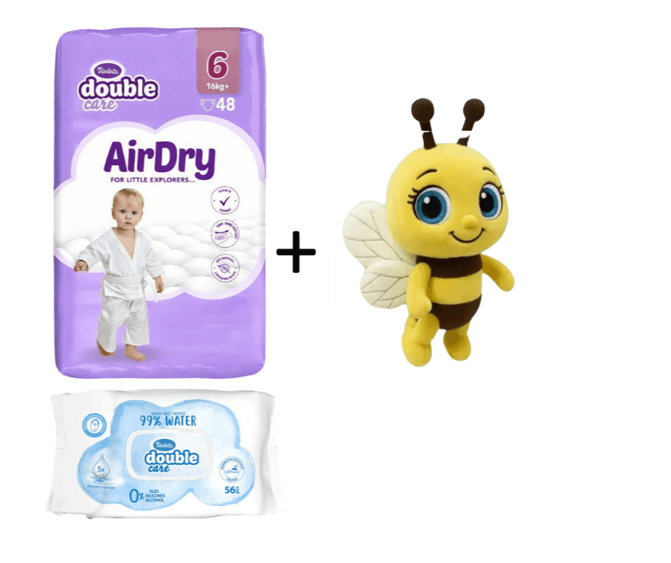 Violeta DC Pelene Air Dry 6, 16+kg, 48/1, Violeta Vlažne maramice Water Care, 56/1, Plišana igračka pčelica