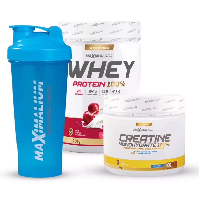Maximalium Paket "Vojvoda od mišića", Whey Protein Višnja/jogurt 750g + Kreatin Monohidrat 500g + Šejker