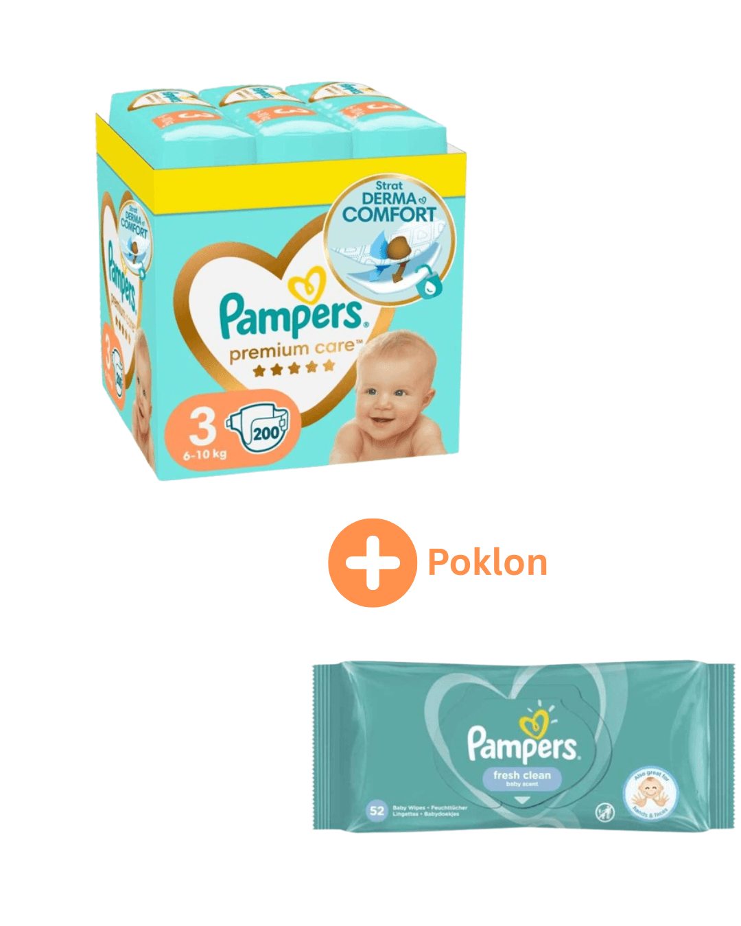 Pampers Pelene Premium Care 3, Monthly, 6-10 kg, 200/1 + Poklon Pampers Vlažne maramice Fresh Clean, 52/1