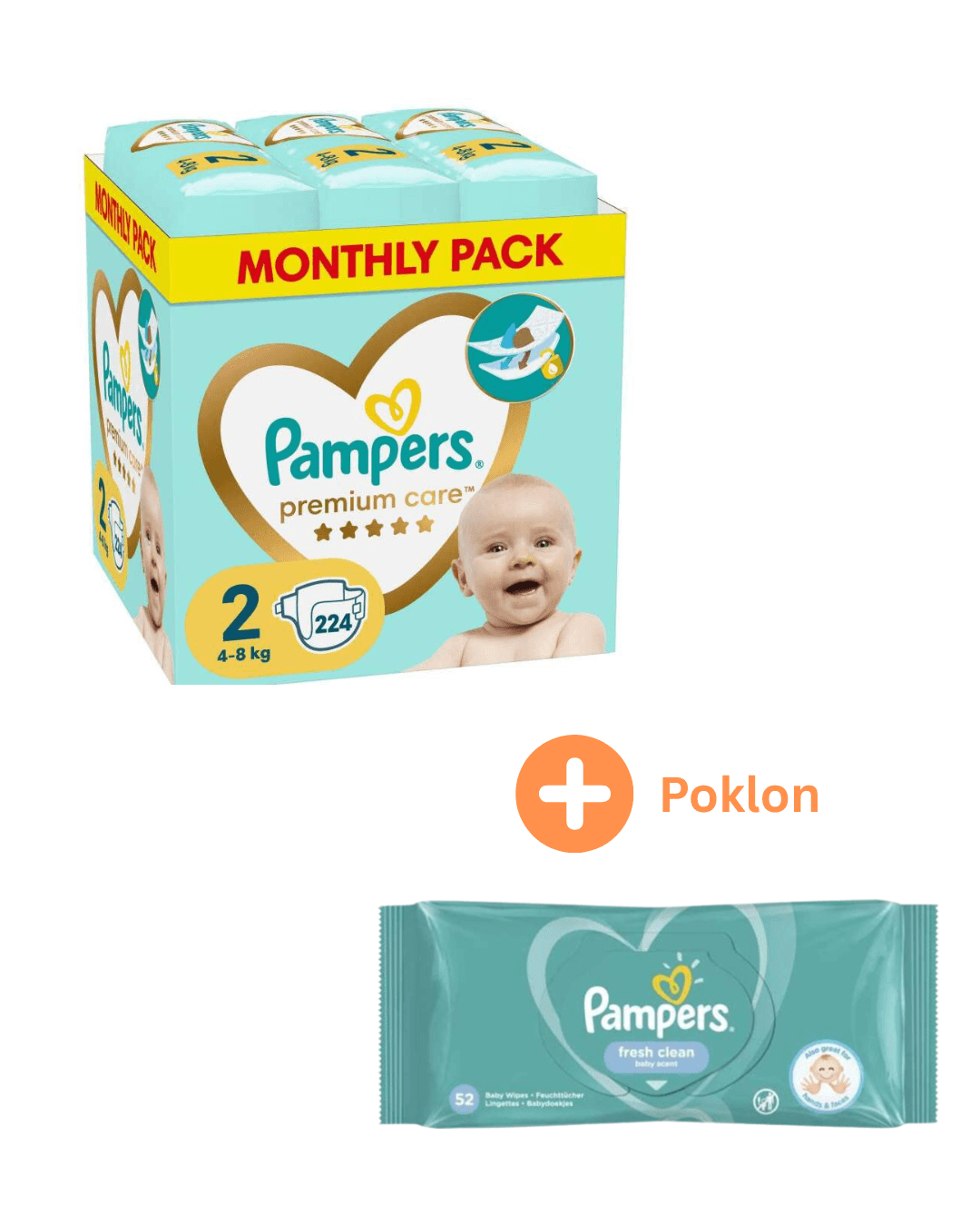 Pampers Pelene Premium 2, Monthly, 4-8 kg, 224/1 + Poklon Pampers Vlažne maramice Fresh Clean, 52/1