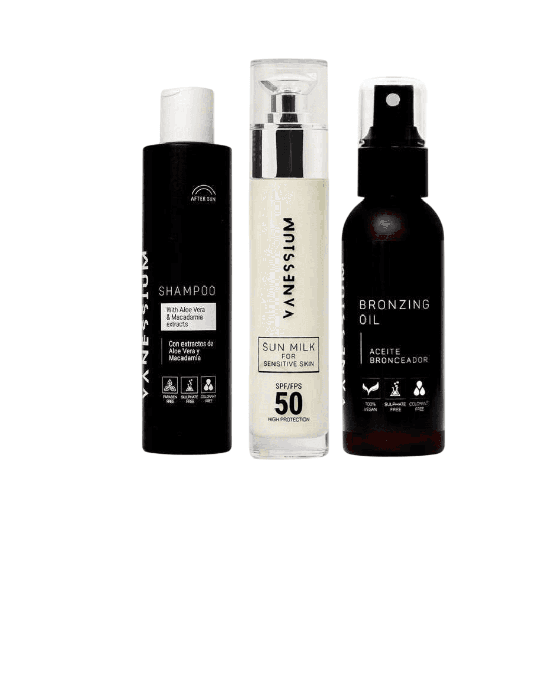 Vanessium Set Mleko za sunčanje za osetljivu kožu 50ml, Šampon za posle sunčanja 200ml, Ulje za sunčanje 100ml