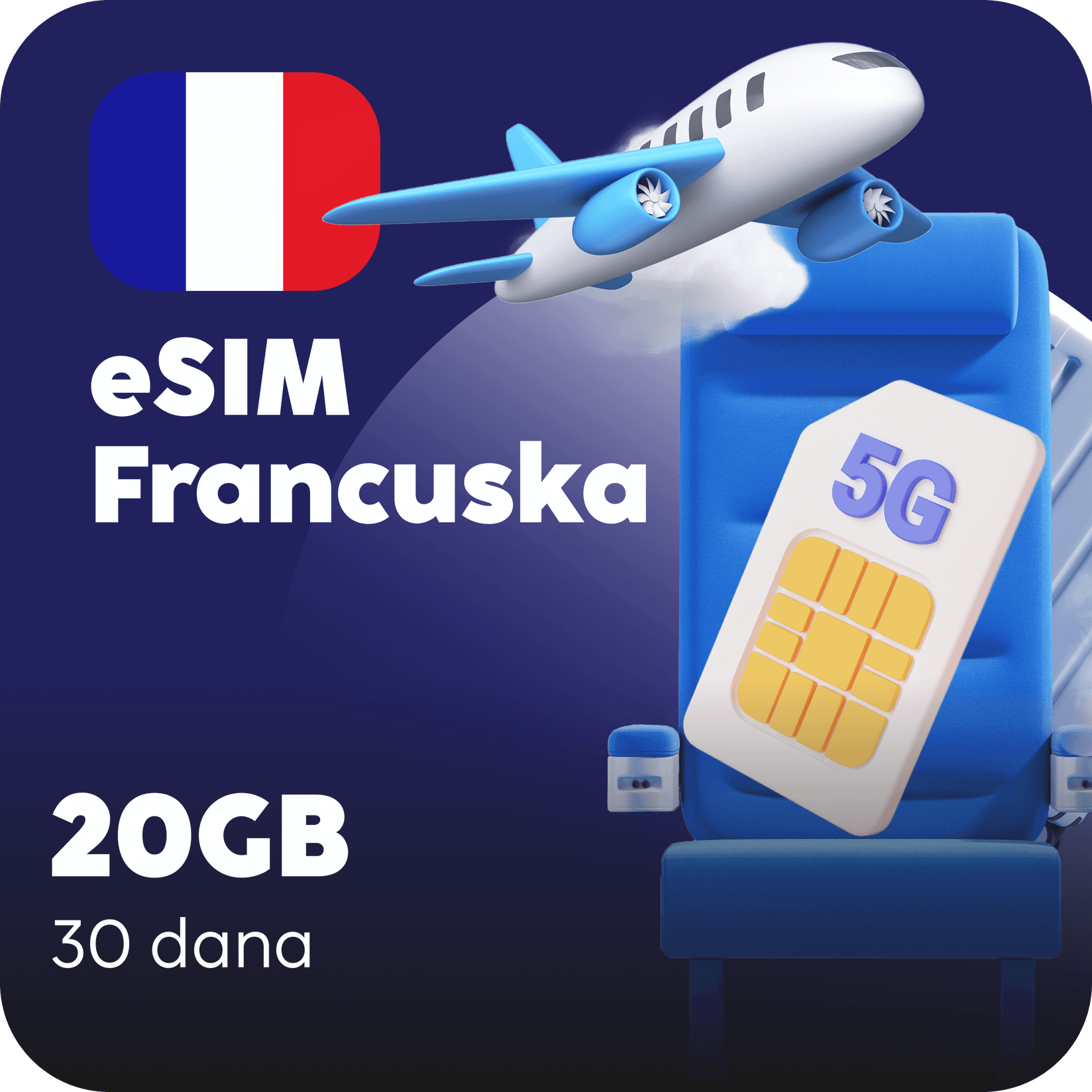 Francuska eSIM kartica - 20GB prepaid mobilnih podataka za 30 dana