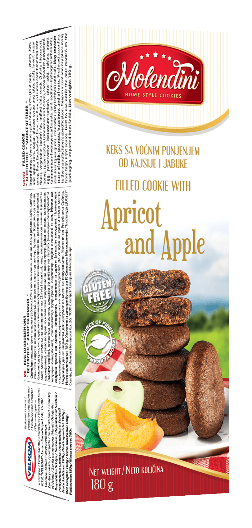 Molendini Keks sa voćnim punjenjem od kajsije i jabuke, Bez glutena, 180 g