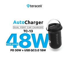 1 thumbnail image for TERACELL Evolution TC-13 Auto-punjač PD, 30W, USB, QC3.0, 18W, 48W, Lightning kabl, Crni