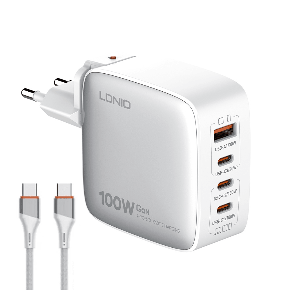 Kućni Punjačsa adapterima  Q408 GaN PPS QC3.0 (30W), 3xPD3.0 (100W), 100W Max, sa Type C na Type C kablom, Beli