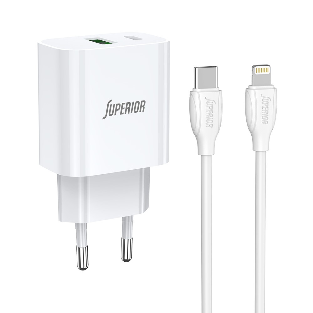 Kućni Punjač SU-P102 20W Super Fast USB A QC3.0+Type C sa Type C Lightning kablom, Beli