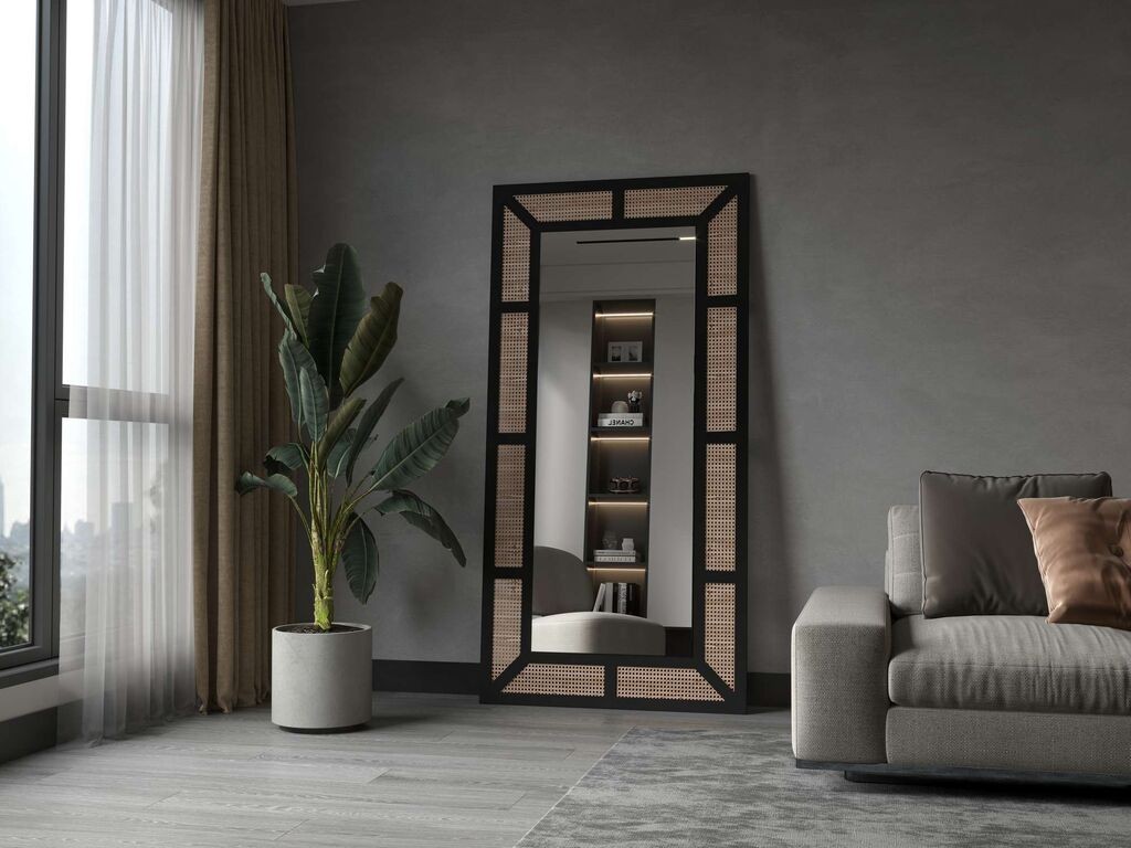 Hanah Home Podno ogledalo Rattan, 90 cm x 180 cm, Crno