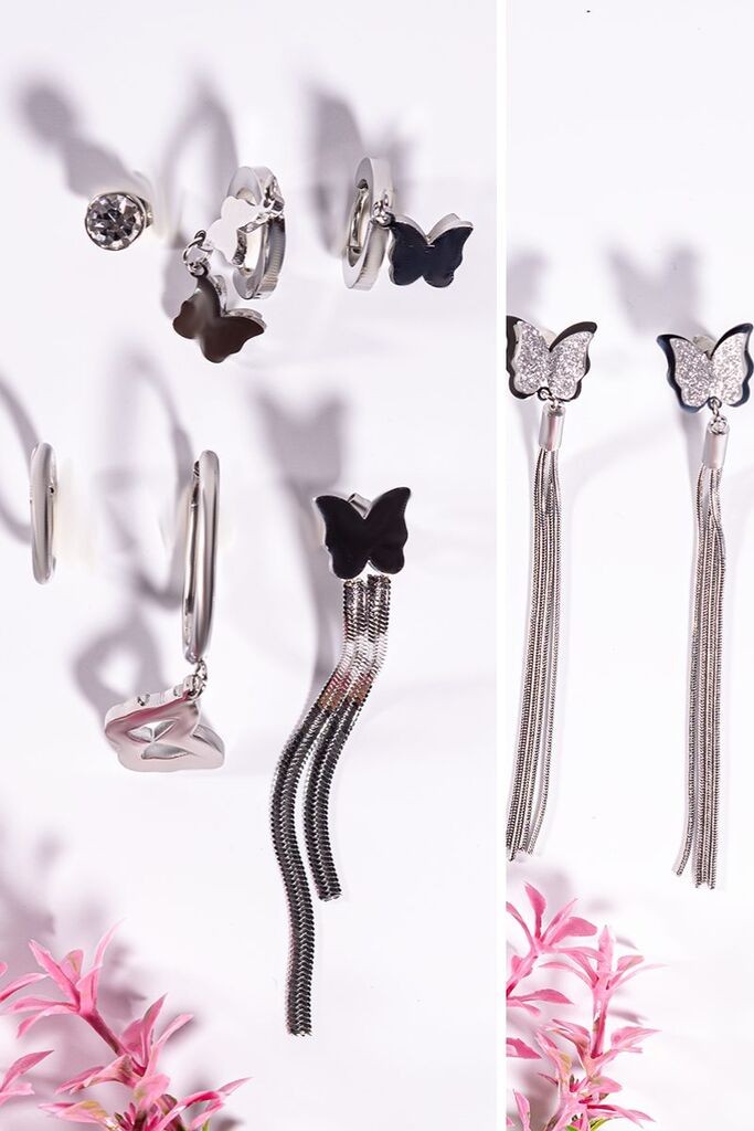 Dunipa Set minđuša Leptir, 8 komada, Srebrno-crni