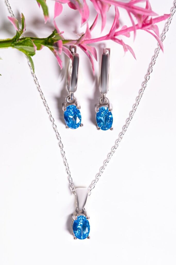 Dunipa Srebrni set Minđuše i ogrlica Luna, Ručno rađeni, Sa plavim cirkonom