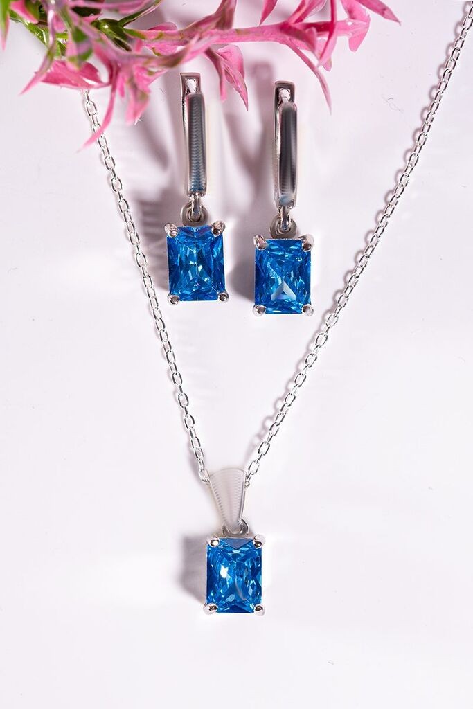 Dunipa Srebrni set Minđuše i ogrlica Regina, Ručno rađeni, Sa plavim cirkonom