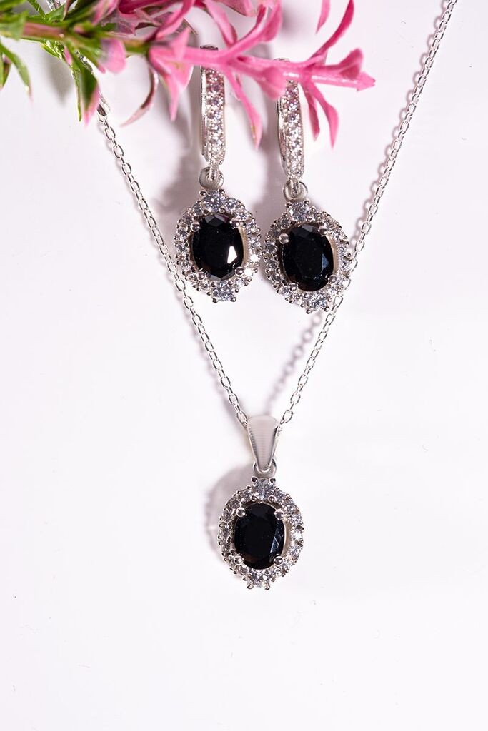 Dunipa Srebrni set Minđuše i ogrlica Valeria, Ručno rađeni, Sa crnim cirkonom