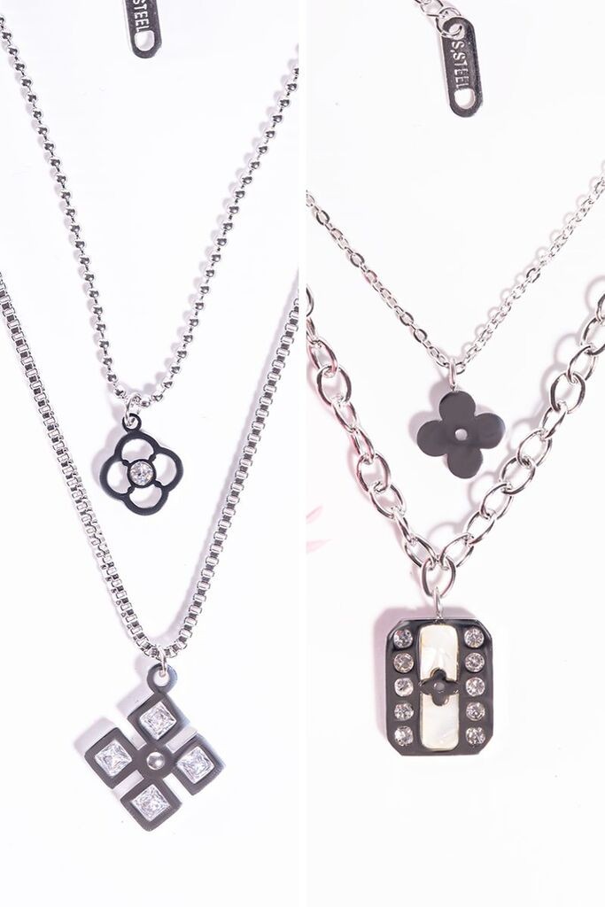 Dunipa Set ogrlica sa cvetom, geometrijskim kvadratom i pravougaonim priveskom sa kristalima, 2 komada, Srebrne boje
