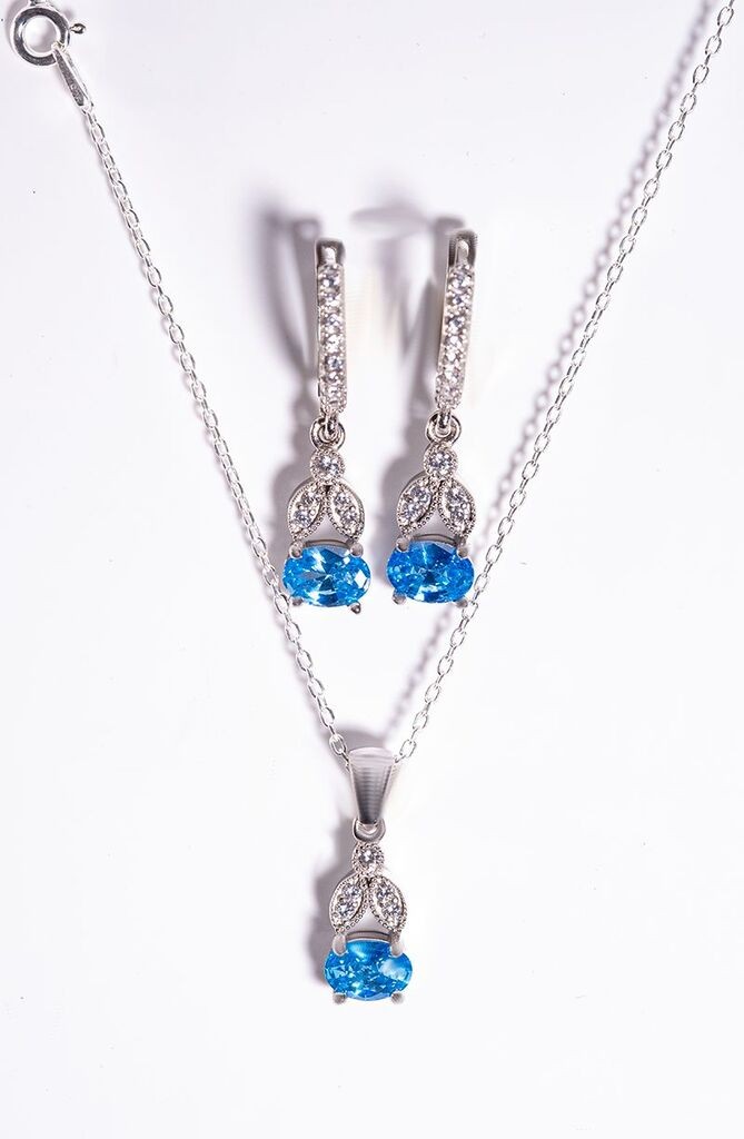 Dunipa Srebrni set Minđuše i ogrlica Ivy, Ručno rađeni, Sa plavim cirkonom