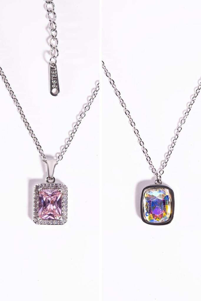 Dunipa Set ogrlica sa priveskom od ružičastog kristala i Aurora dragim kamenom, 2 komada, Srebrne boje