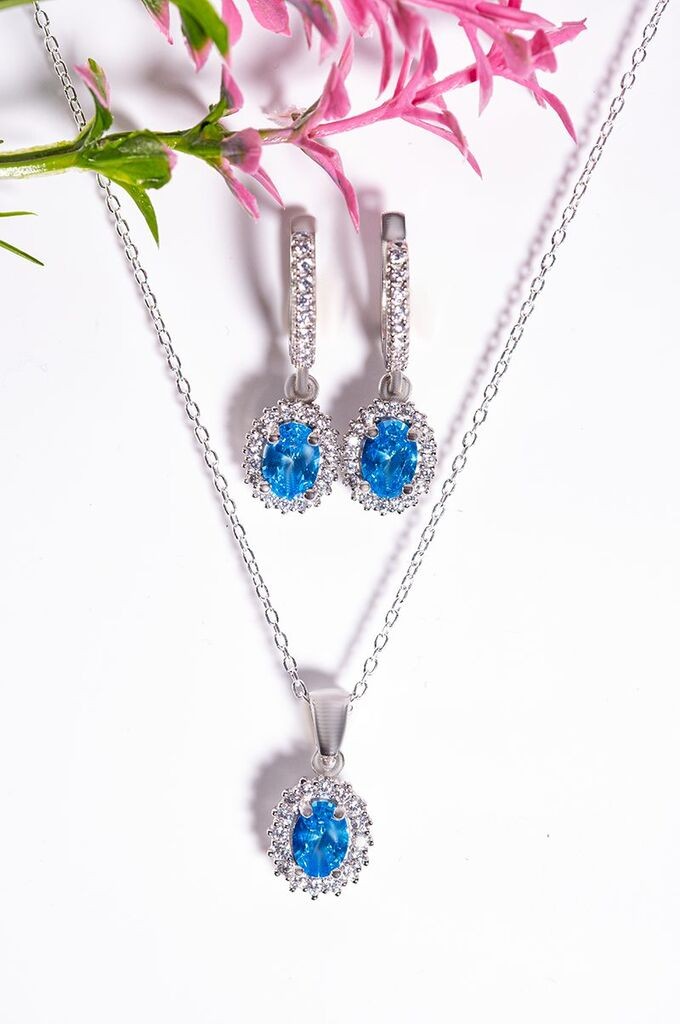 Dunipa Srebrni set set Minđuše i ogrlica Aurora, Ručno rađeni, Sa plavim cirkonom