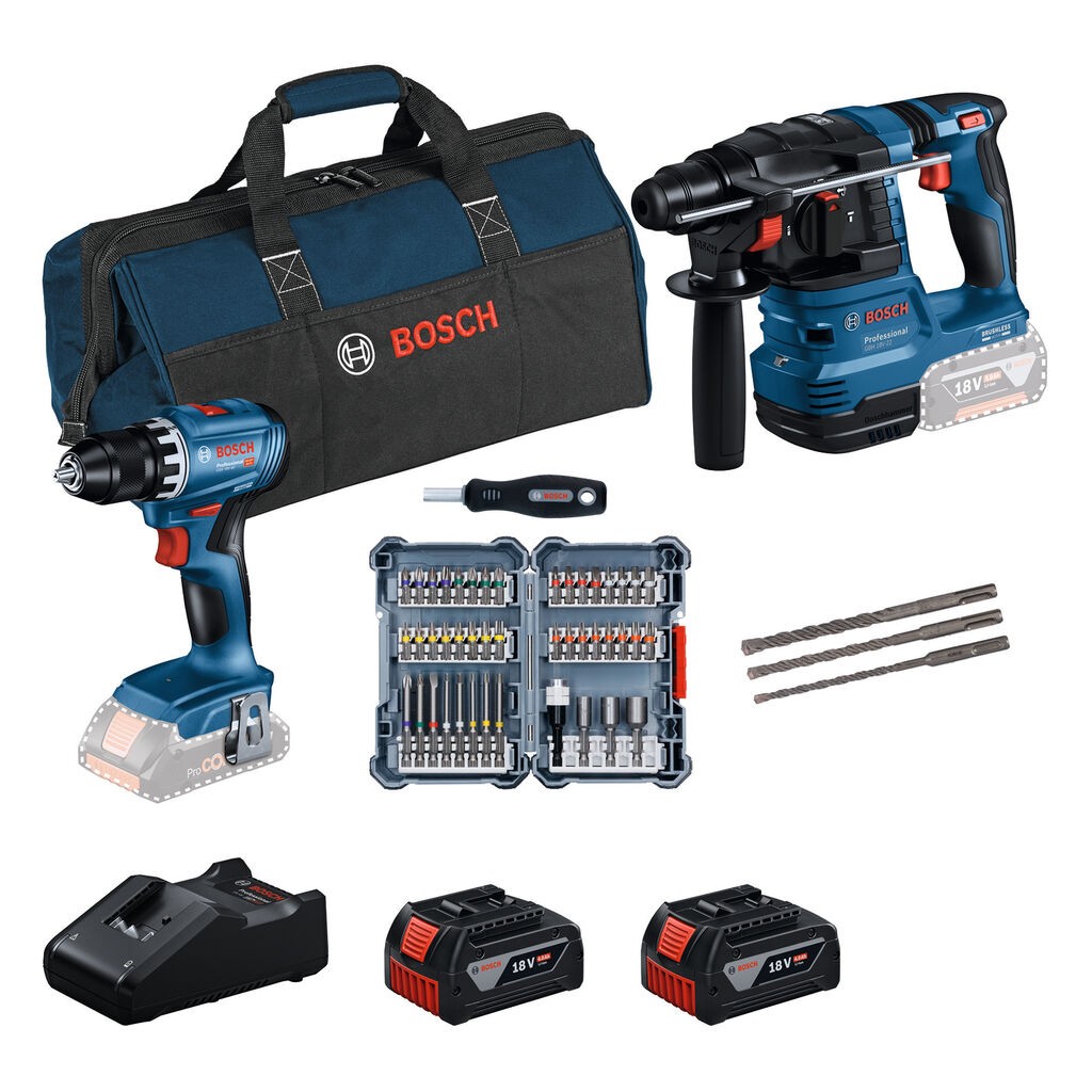 Bosch Set aku alata Bušilica odvrtač GSR 18V-45 i Aku čekić GBH 18V-22 + komplet pribora, 2x 4.0Ah 0615V0003D