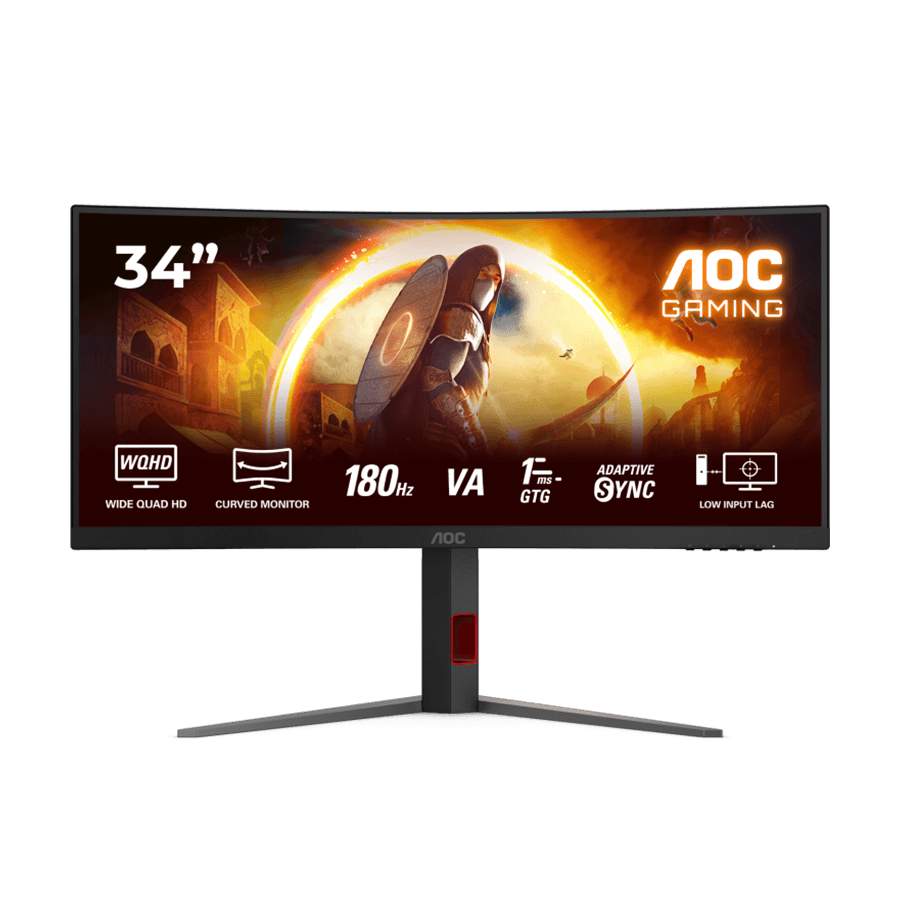AOC geјmerski monitor CU34G4, 34", zakrivljeni, brzi VA, 3440×1440, 180Hz, 0.5ms MPRT, 300 cd/m², 2500:1, 1500R, FreeSync Premium, HDR10, crni