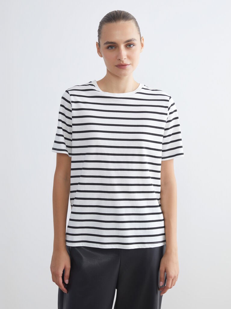 LC Waikiki Ženska majica W53666Z8-LEG, Okrugli izrez, Crno-bela